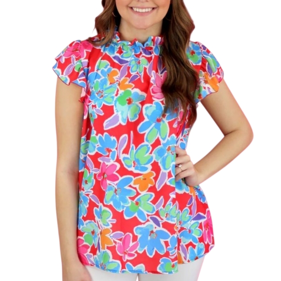 Floral Ruffle Mock Neck Top Blouse Sleeveless Colorful Spring Summer - Picture 1 of 15